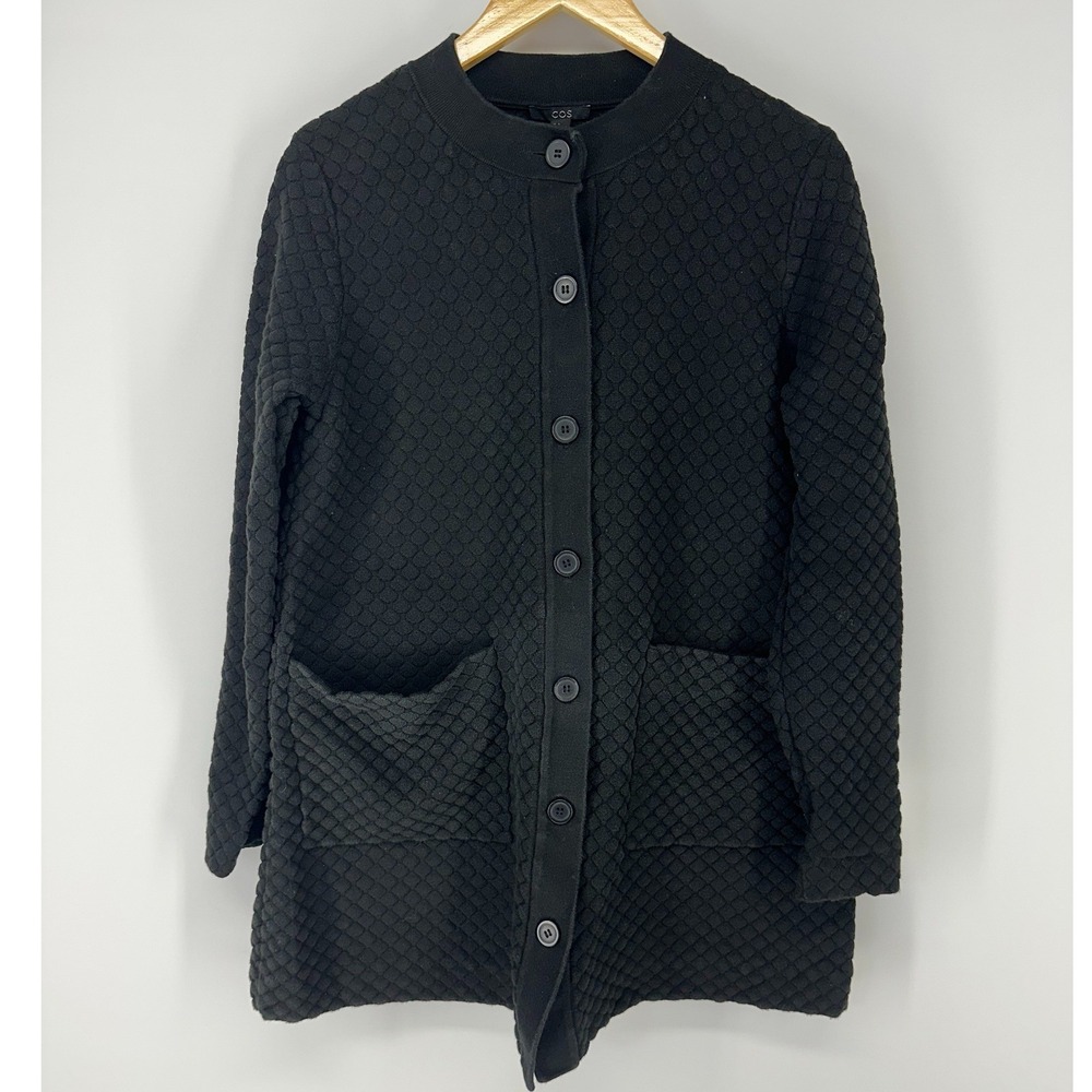 COS Cardigan Sweater Womens S Black Textured Quilted Knit Button Front Longline